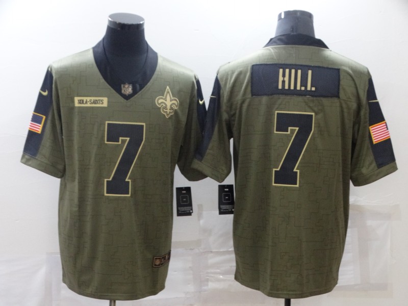 Men New Orleans Saints 7 Taysom Hill green Nike Olive Salute To Service Limited NFL jersey